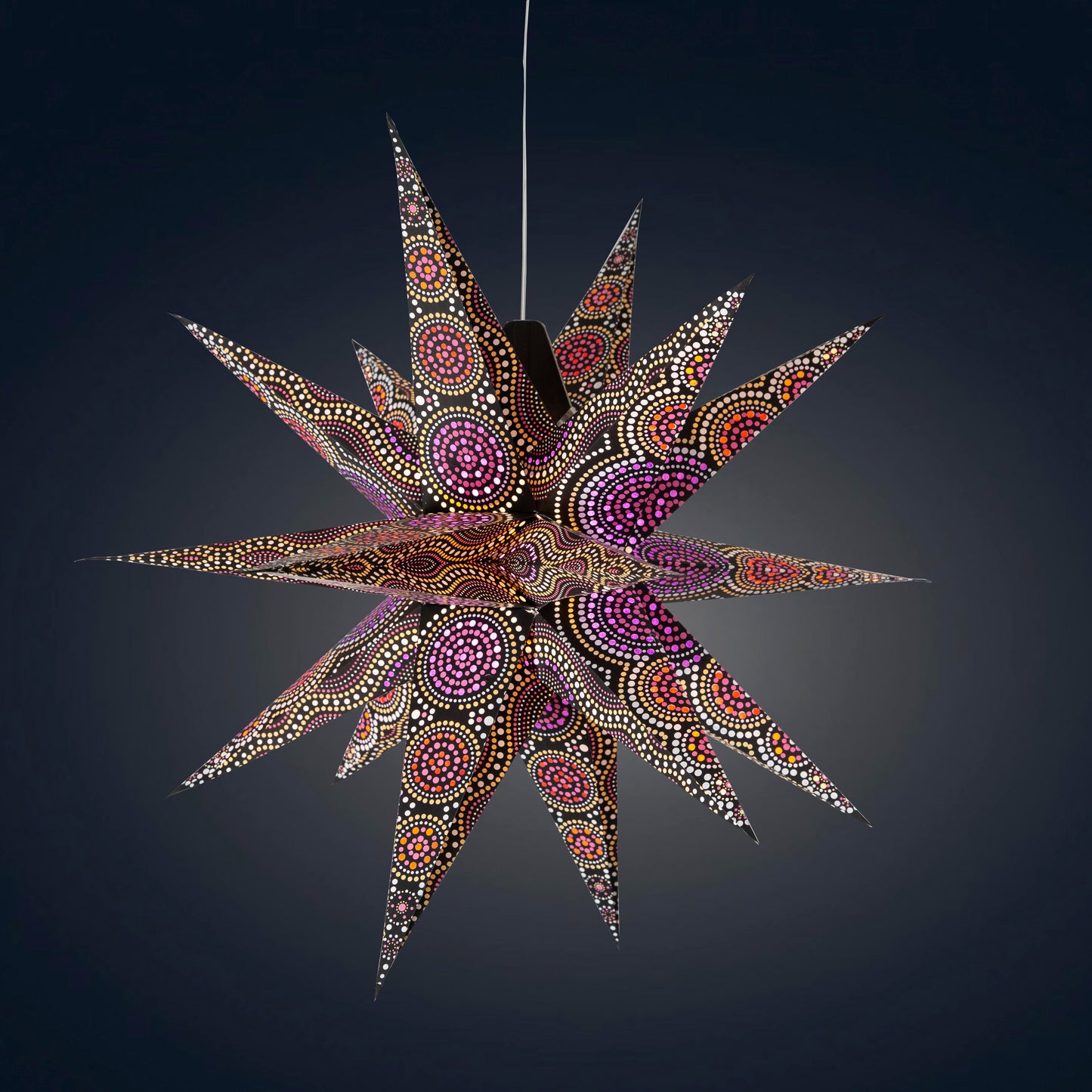 Kaleidoscope Moravian Star 24" black with yellow / orange and orange / red / purple tissue
