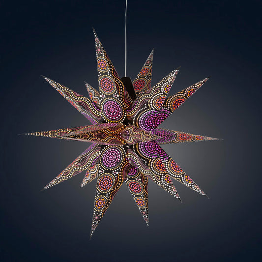 Kaleidoscope Moravian Star 24" black with yellow / orange and orange / red / purple tissue