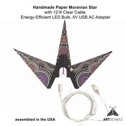 Kaleidoscope Moravian Star 24" black with yellow / orange and orange / red / purple tissue