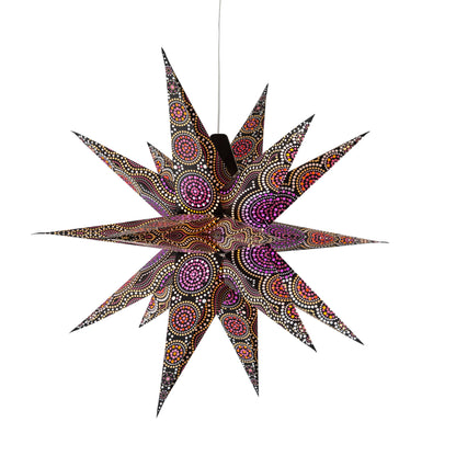 Kaleidoscope Moravian Star 24" black with yellow / orange and orange / red / purple tissue