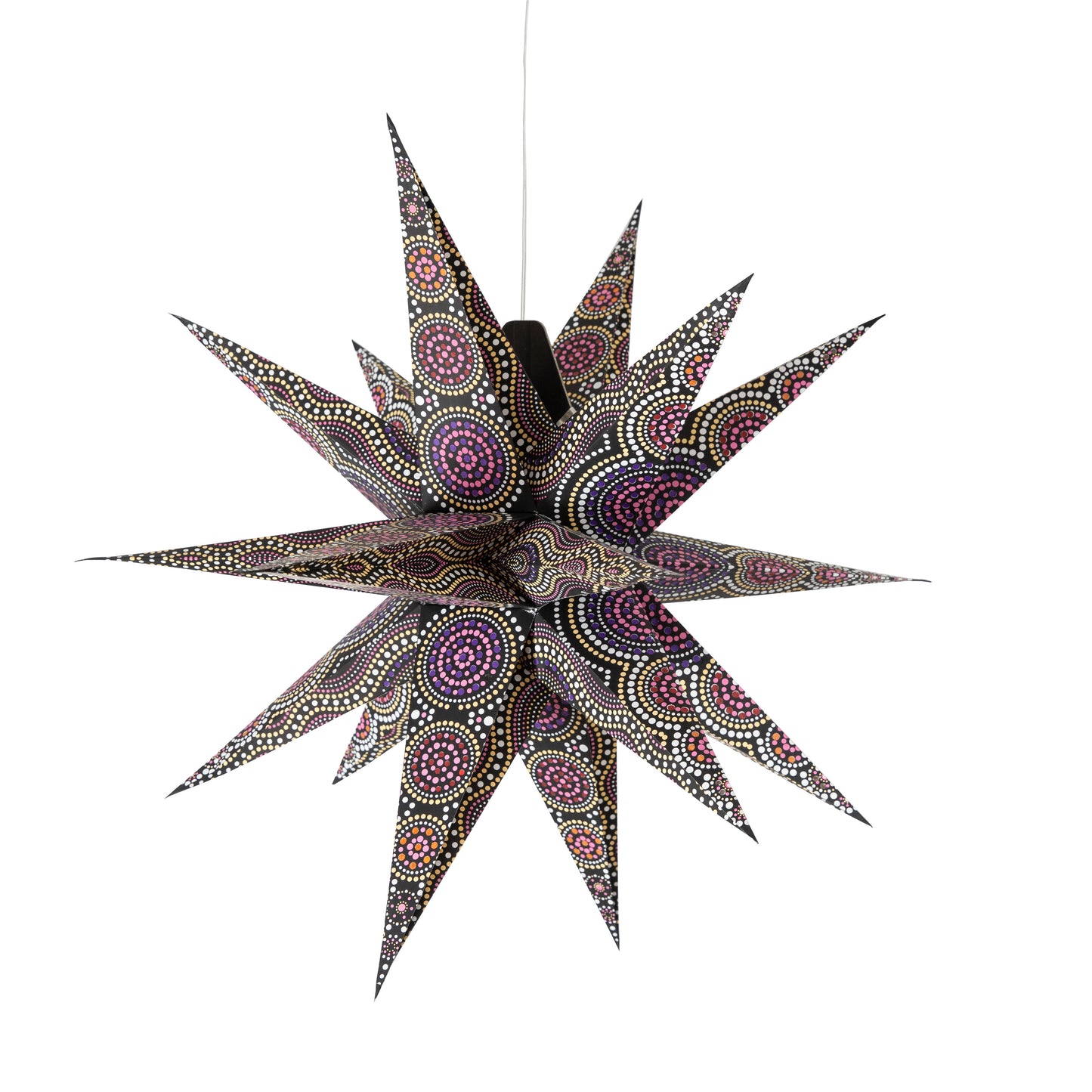 Kaleidoscope Moravian Star 24" black with yellow / orange and orange / red / purple tissue