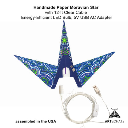 Kaleidoscope Moravian Star 24" blue with green / white and purple / red tissue