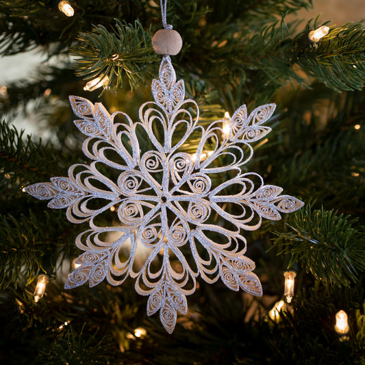 Quilling Snowflake "Frostine" silver glitter - 6 inch Ø | Christmas / Winter