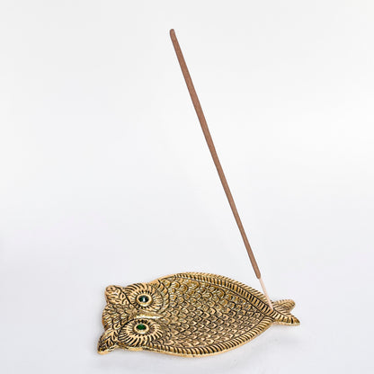 Owl Incense Holder - Gold with Turquoise Eyes