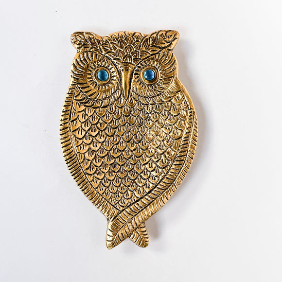 Owl Incense Holder - Gold with Turquoise Eyes